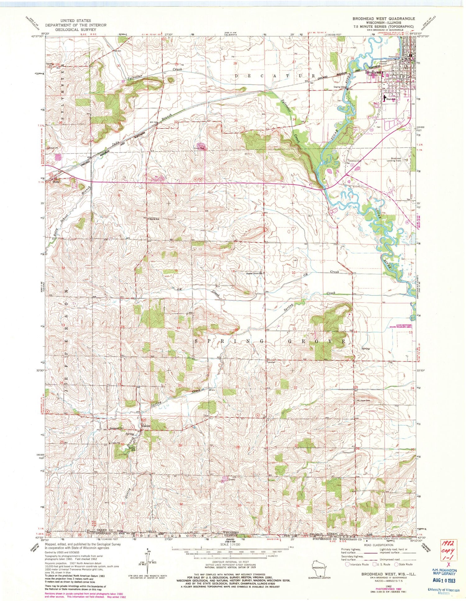 Classic USGS Brodhead West Wisconsin 7.5'x7.5' Topo Map Image