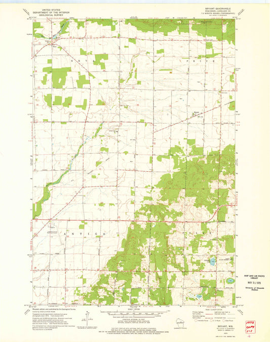 Classic USGS Bryant Wisconsin 7.5'x7.5' Topo Map Image