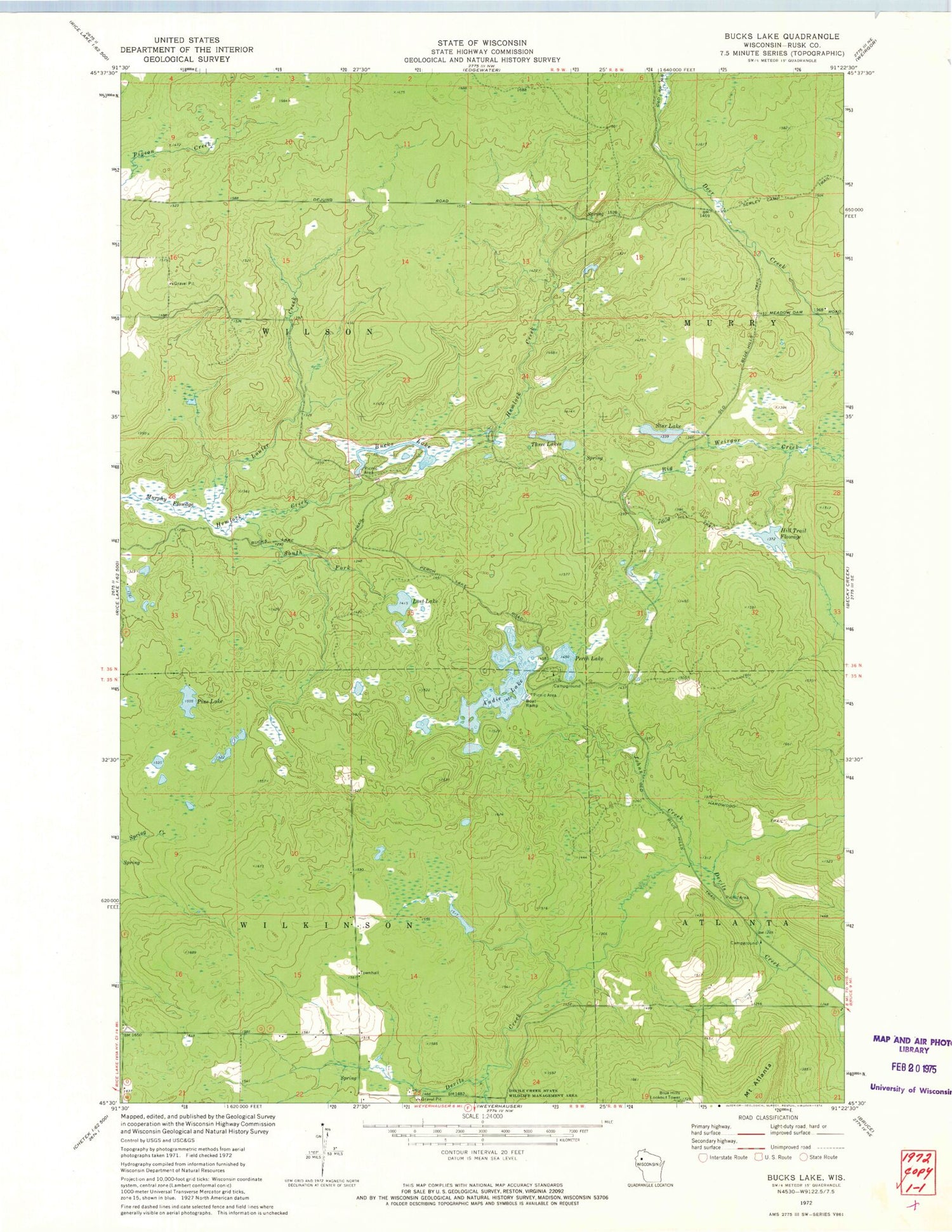 Classic USGS Bucks Lake Wisconsin 7.5'x7.5' Topo Map Image
