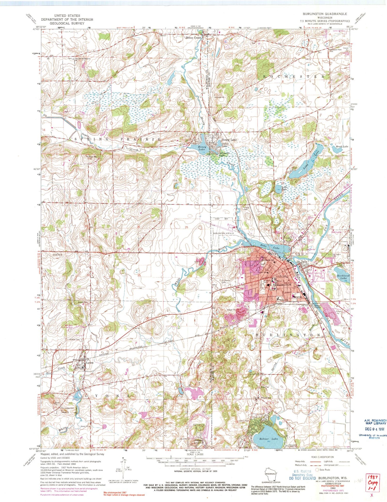 Classic USGS Burlington Wisconsin 7.5'x7.5' Topo Map Image