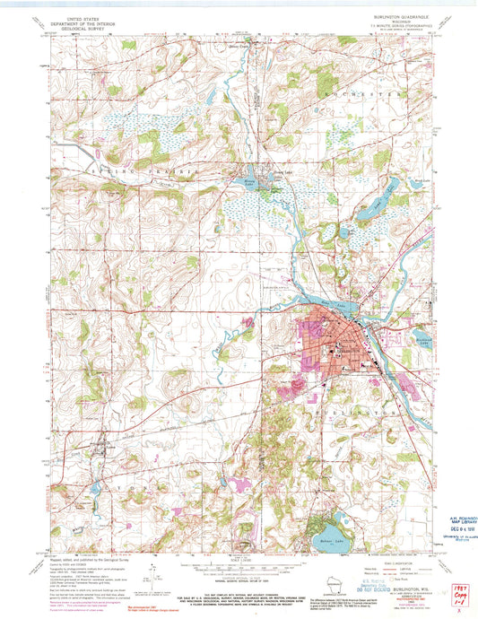 Classic USGS Burlington Wisconsin 7.5'x7.5' Topo Map Image