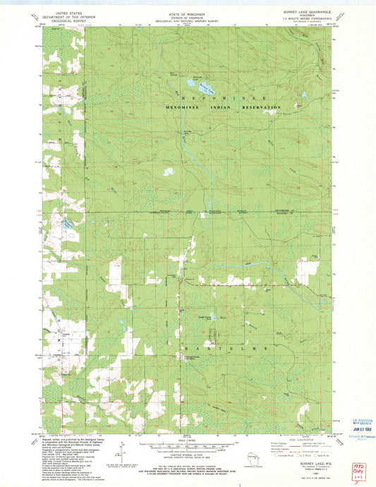 Classic USGS Burney Lake Wisconsin 7.5'x7.5' Topo Map Image