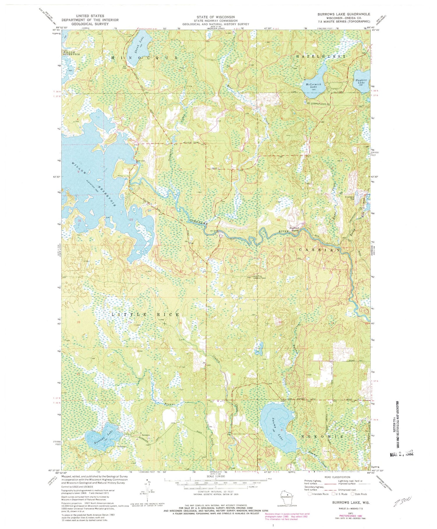 Classic USGS Burrows Lake Wisconsin 7.5'x7.5' Topo Map Image