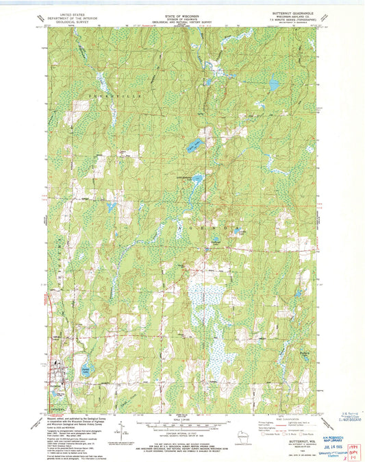 Classic USGS Butternut Wisconsin 7.5'x7.5' Topo Map Image