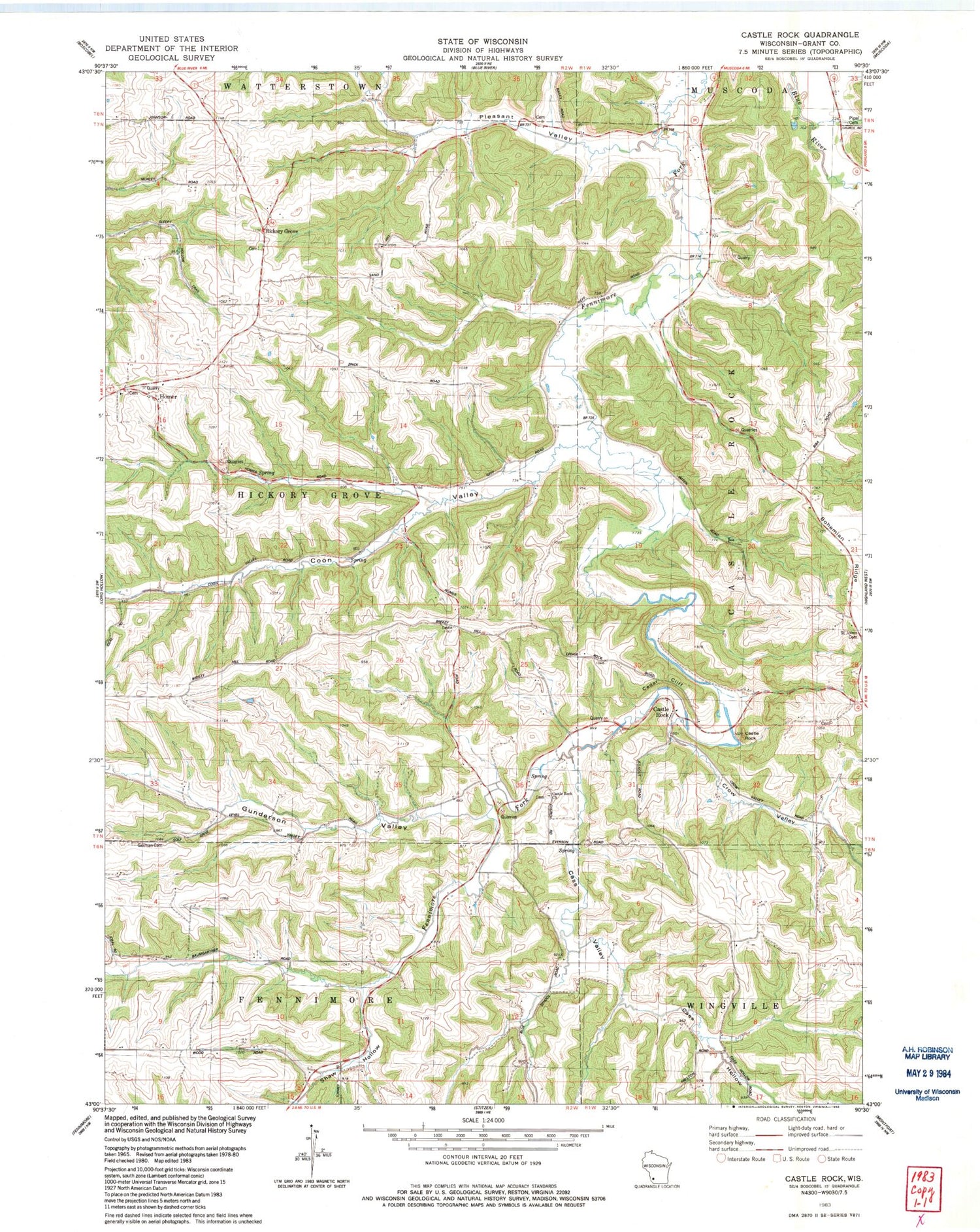 Classic USGS Castle Rock Wisconsin 7.5'x7.5' Topo Map Image