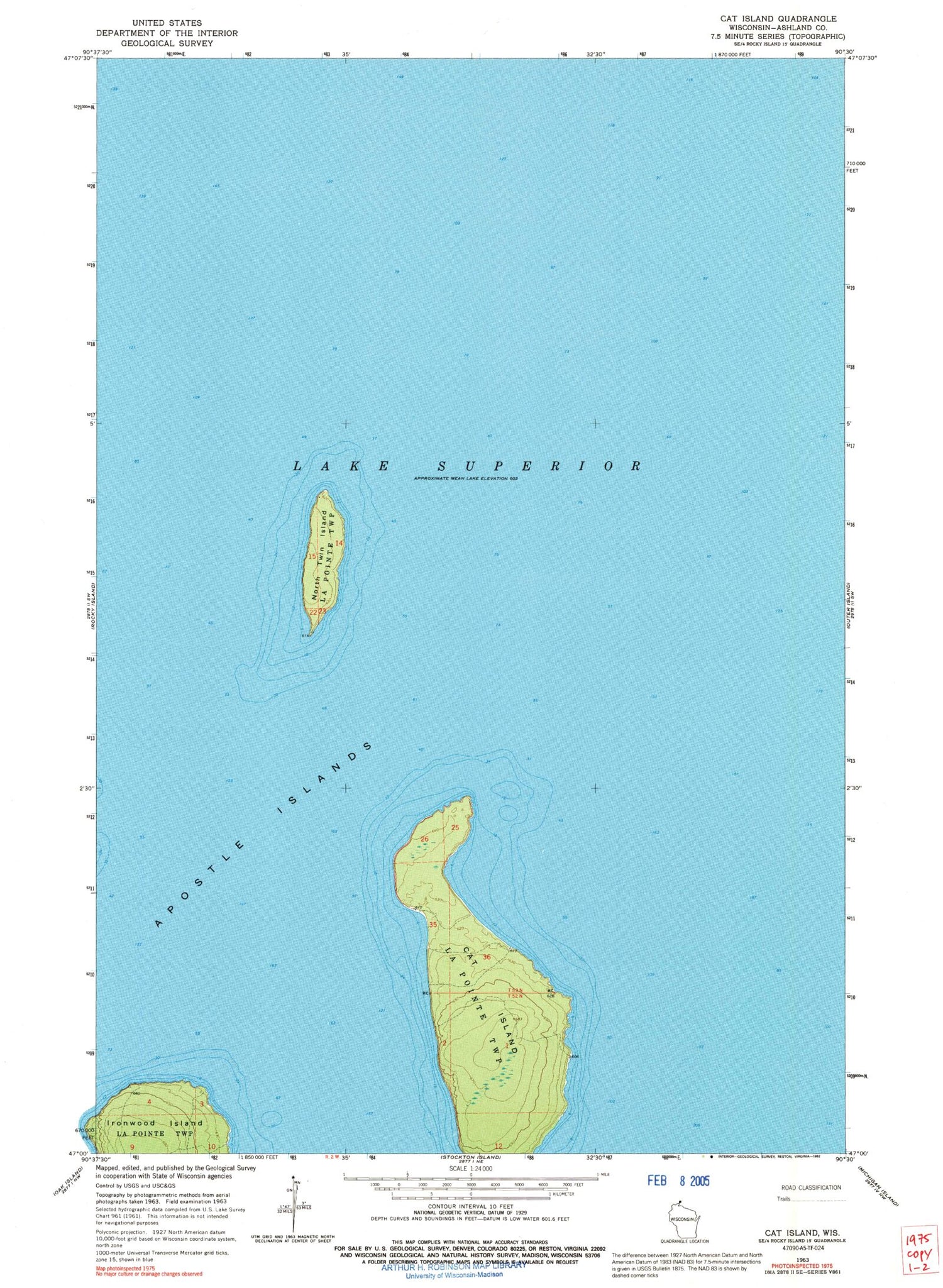 Classic USGS Cat Island Wisconsin 7.5'x7.5' Topo Map Image