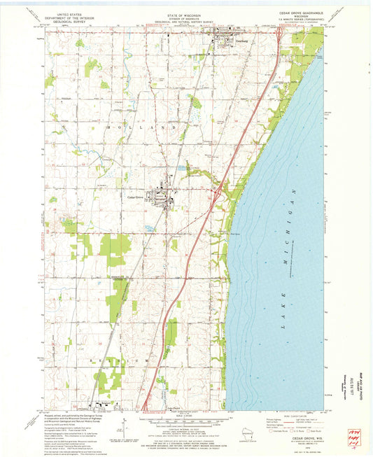 Classic USGS Cedar Grove Wisconsin 7.5'x7.5' Topo Map Image