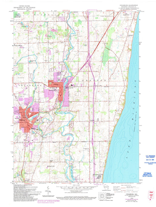 Classic USGS Cedarburg Wisconsin 7.5'x7.5' Topo Map Image