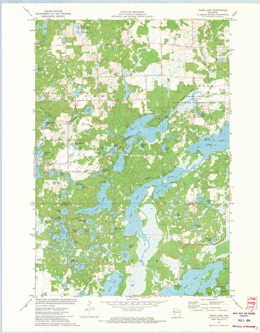 Classic USGS Chain Lake Wisconsin 7.5'x7.5' Topo Map Image