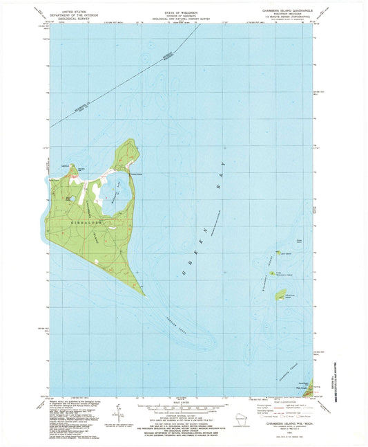 Classic USGS Chambers Island Wisconsin 7.5'x7.5' Topo Map Image