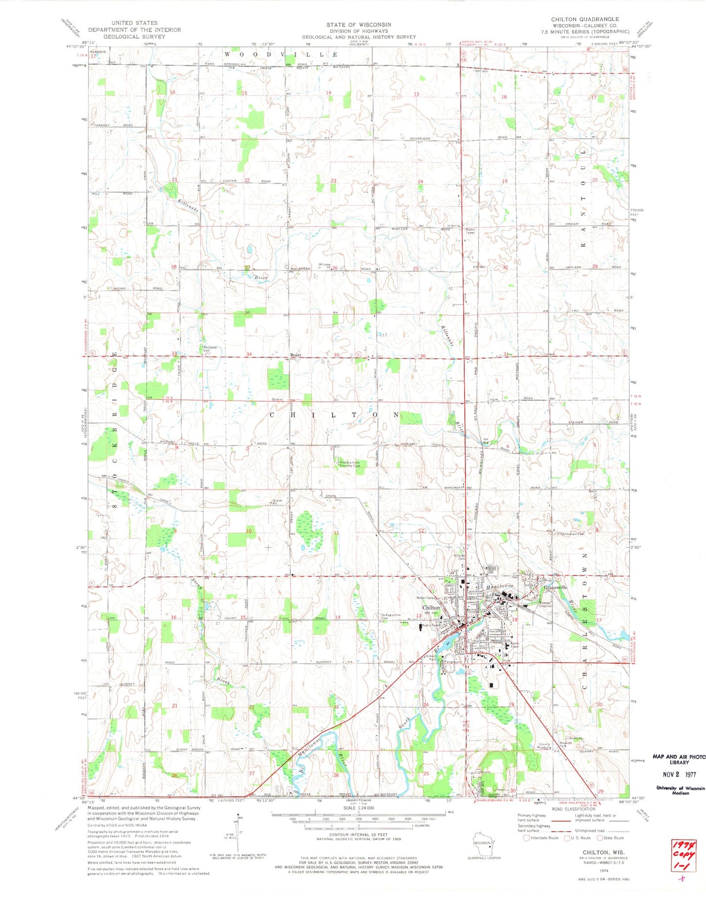 Classic USGS Chilton Wisconsin 7.5'x7.5' Topo Map Image