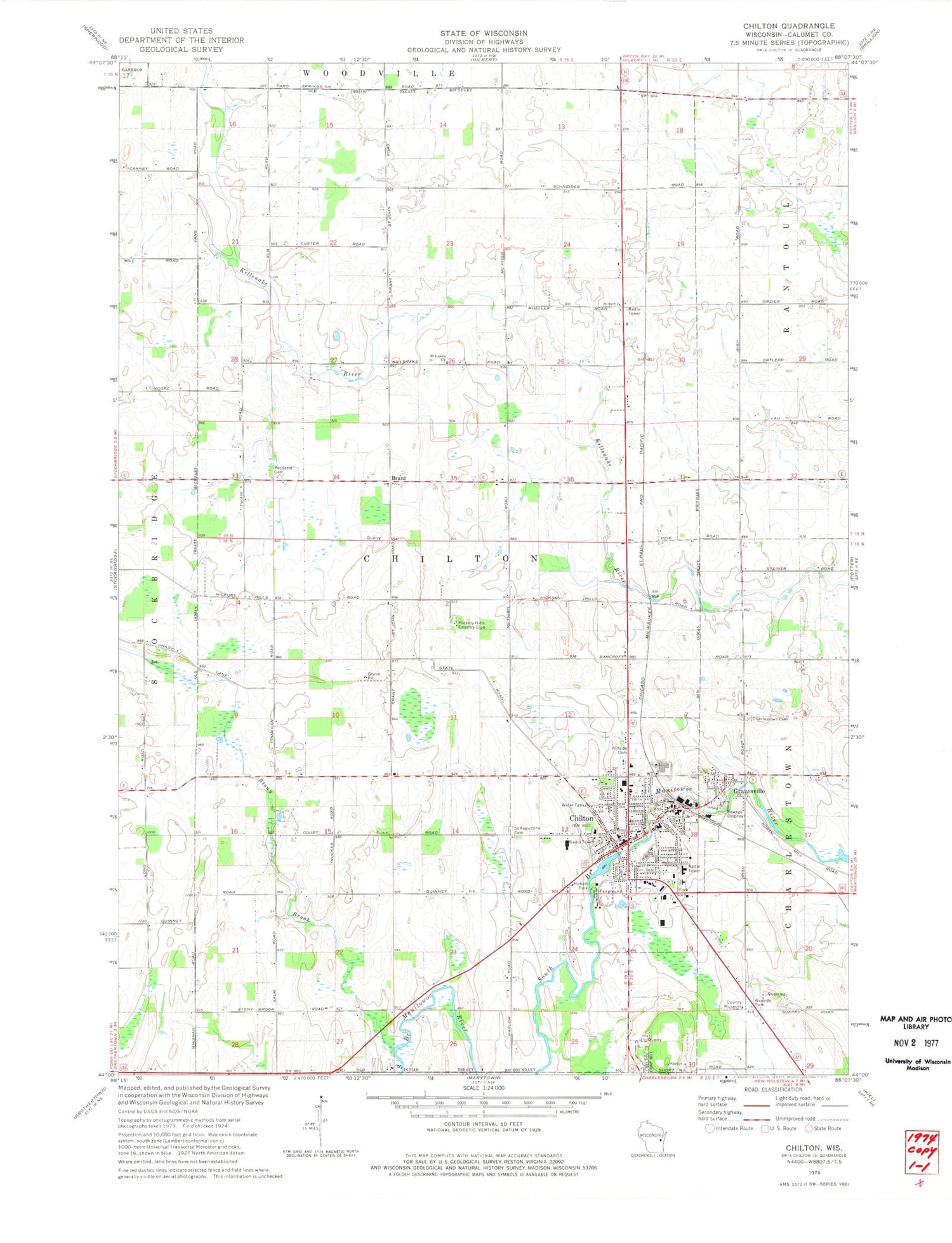Classic USGS Chilton Wisconsin 7.5'x7.5' Topo Map Image