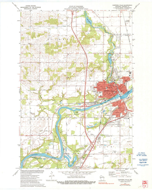 Classic USGS Chippewa Falls Wisconsin 7.5'x7.5' Topo Map Image
