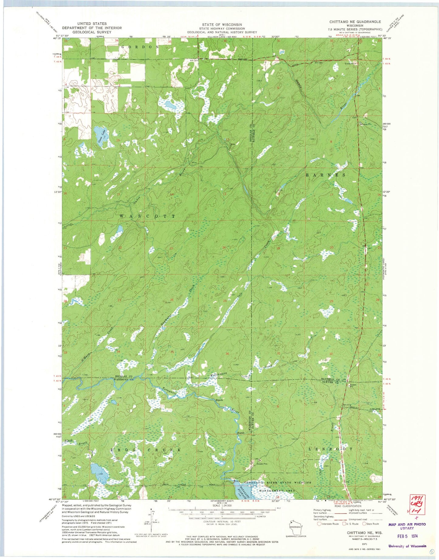 Classic USGS Chittamo NE Wisconsin 7.5'x7.5' Topo Map Image
