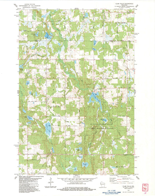 Classic USGS Clam Falls Wisconsin 7.5'x7.5' Topo Map Image
