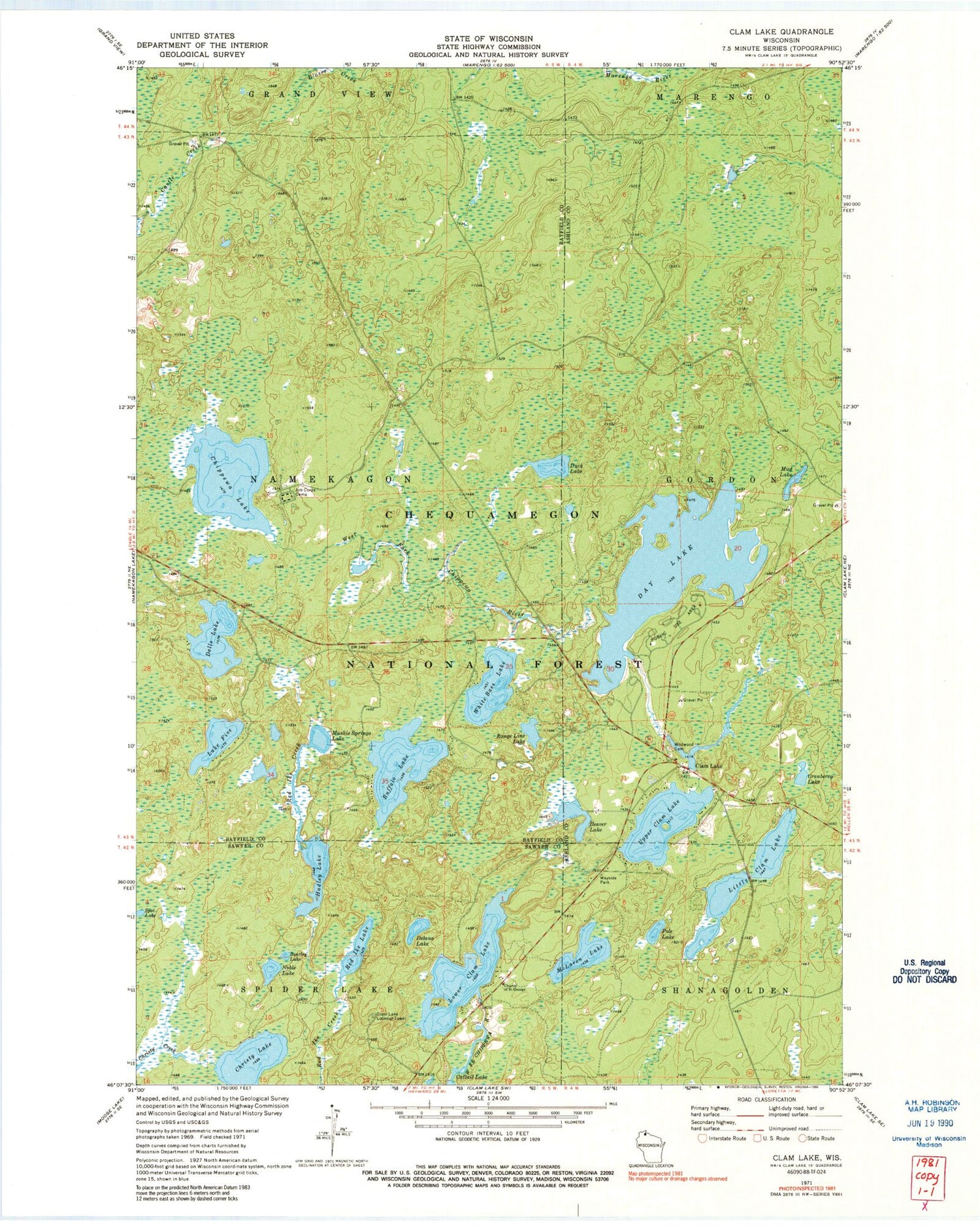 Classic USGS Clam Lake Wisconsin 7.5'x7.5' Topo Map Image
