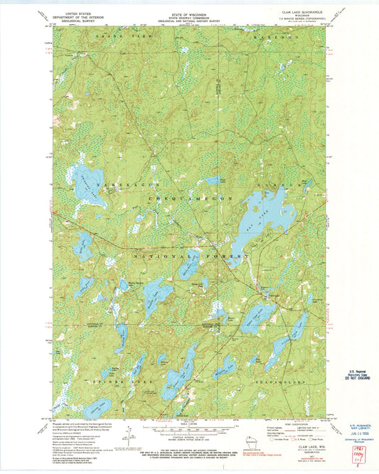 Classic USGS Clam Lake Wisconsin 7.5'x7.5' Topo Map Image
