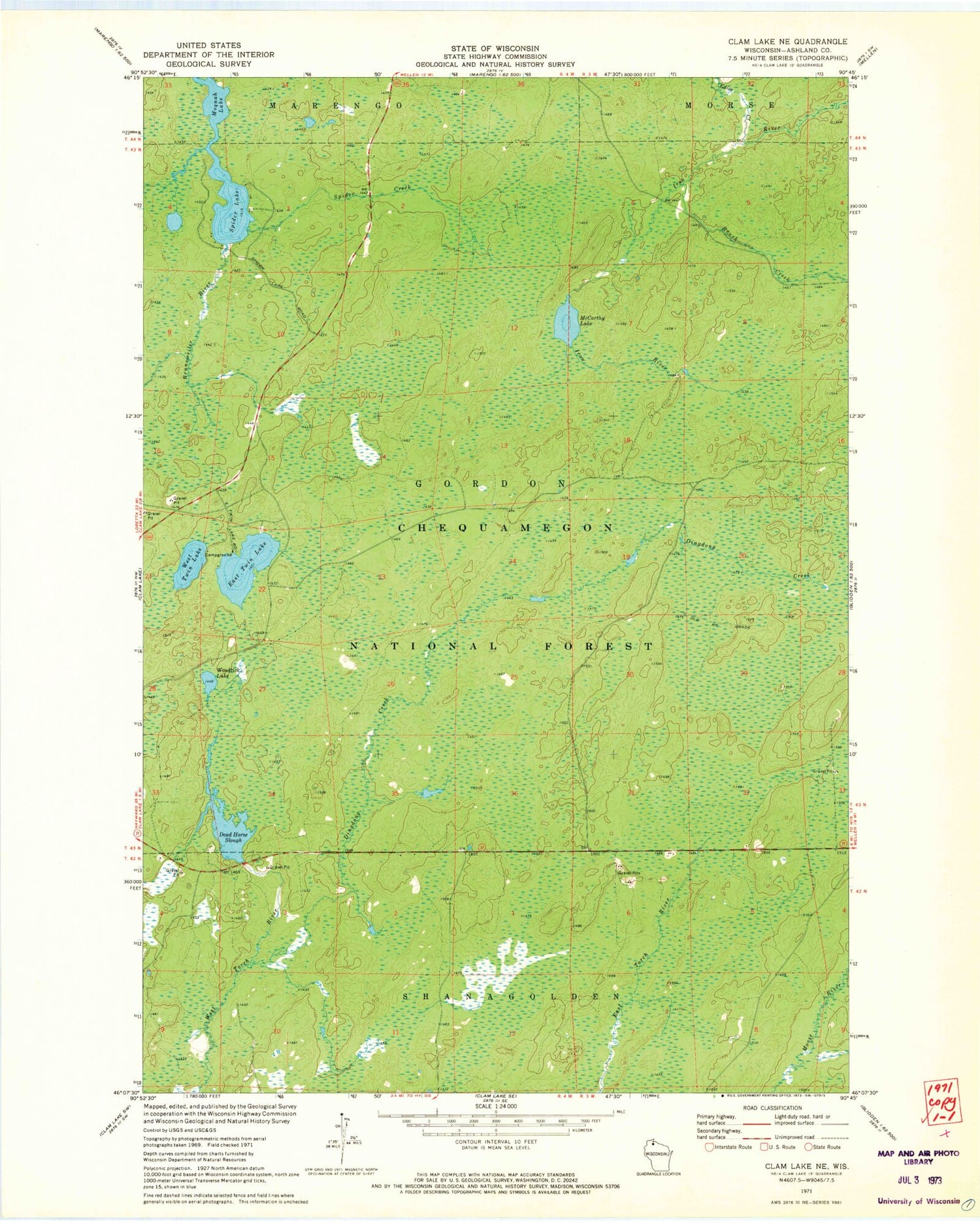 Classic USGS Clam Lake NE Wisconsin 7.5'x7.5' Topo Map Image
