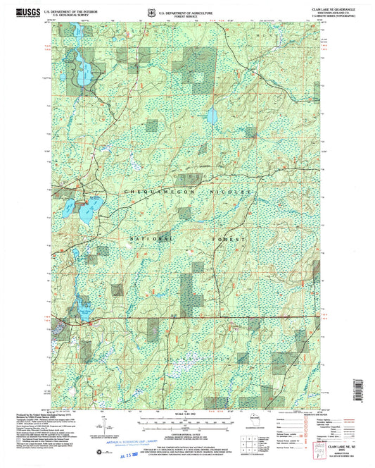 Classic USGS Clam Lake NE Wisconsin 7.5'x7.5' Topo Map Image