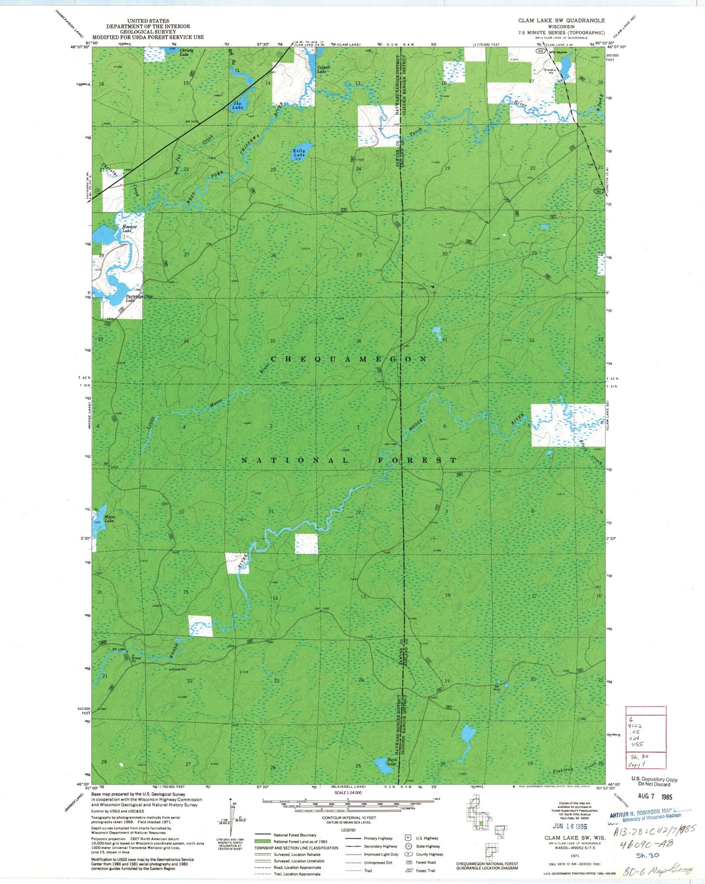 Classic USGS Clam Lake SW Wisconsin 7.5'x7.5' Topo Map Image