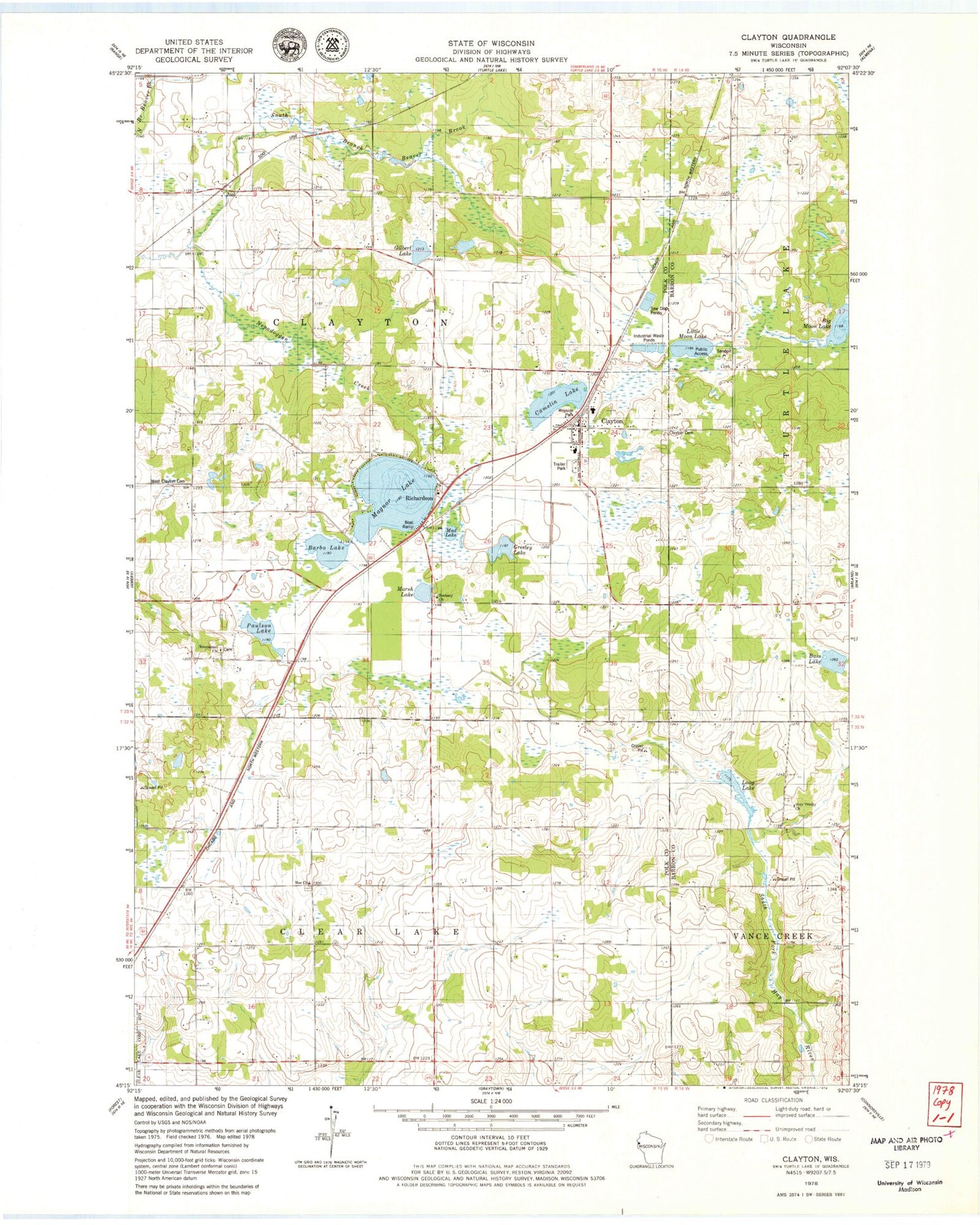 Classic USGS Clayton Wisconsin 7.5'x7.5' Topo Map Image