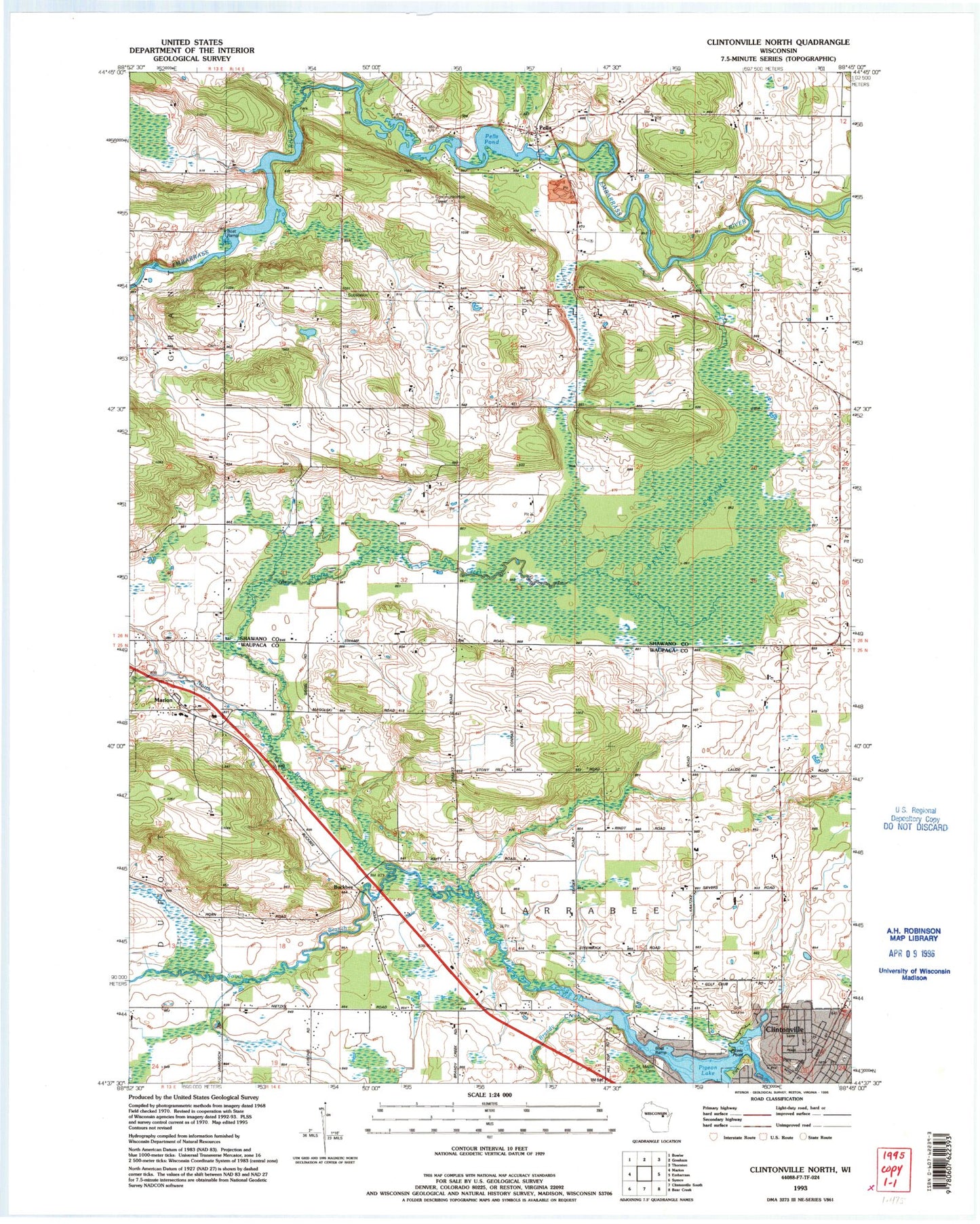 Classic USGS Clintonville North Wisconsin 7.5'x7.5' Topo Map Image