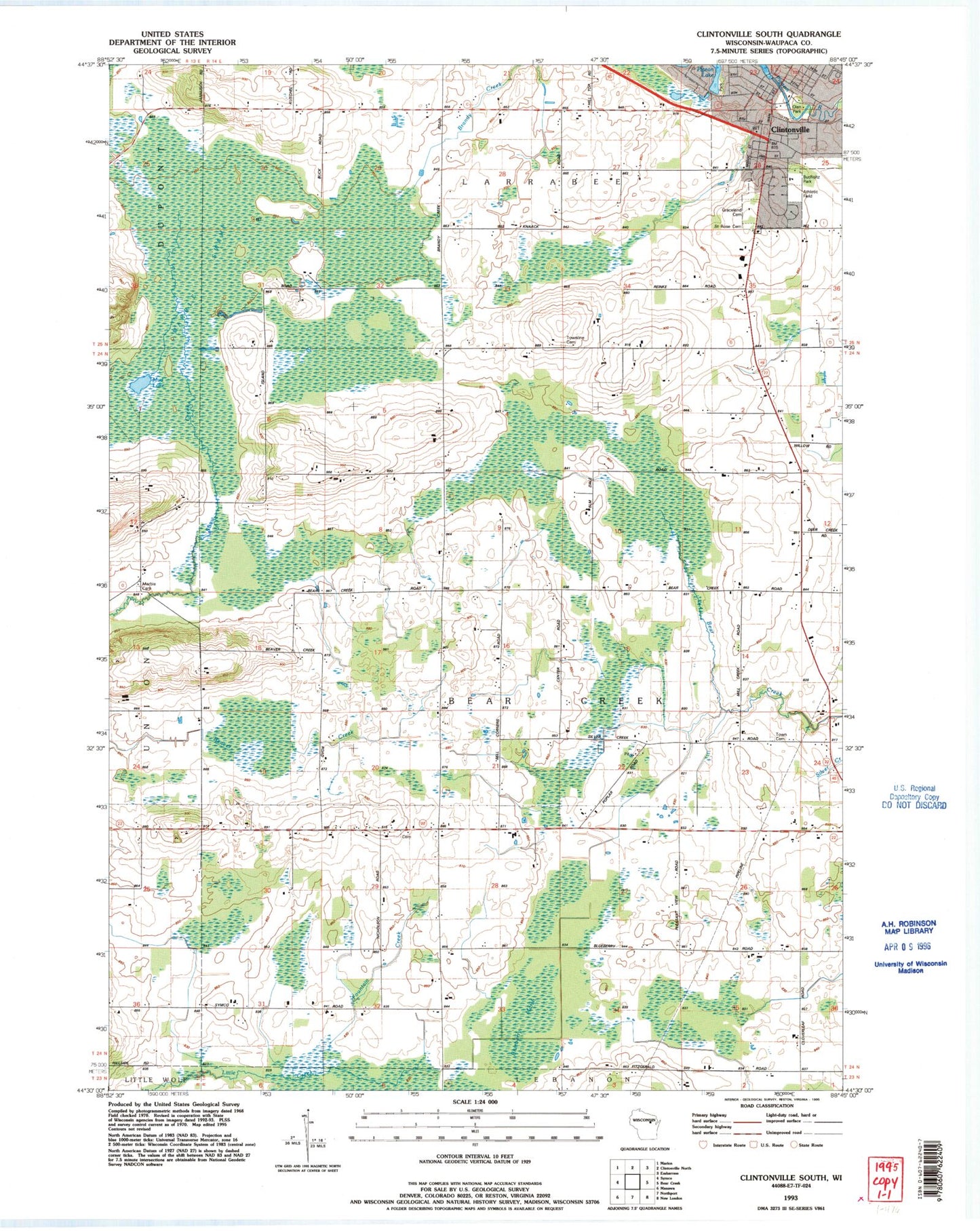 Classic USGS Clintonville South Wisconsin 7.5'x7.5' Topo Map Image