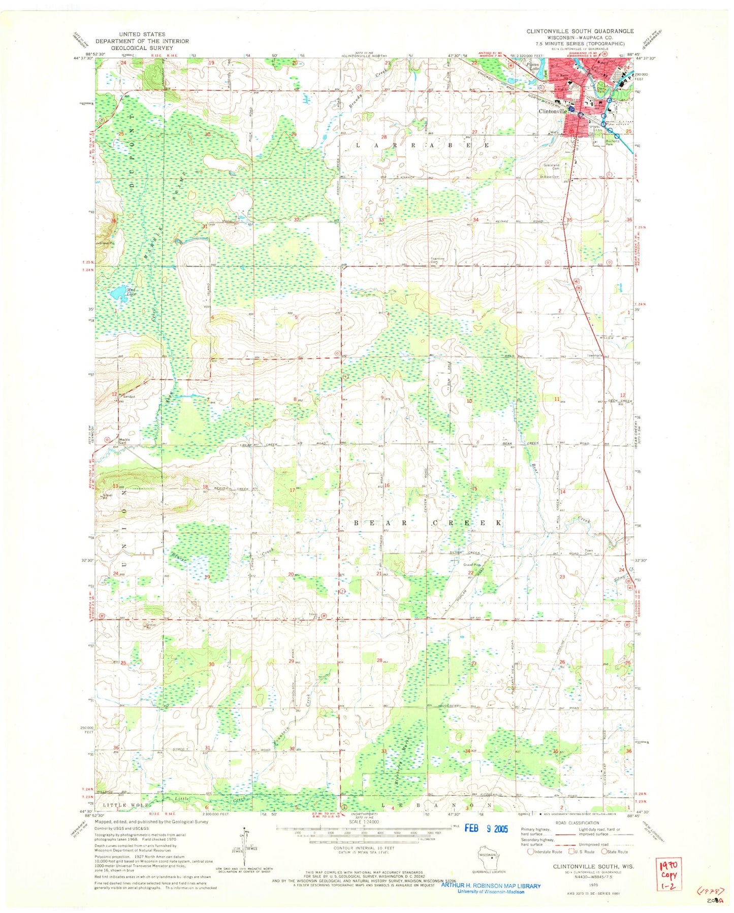 Classic USGS Clintonville South Wisconsin 7.5'x7.5' Topo Map Image