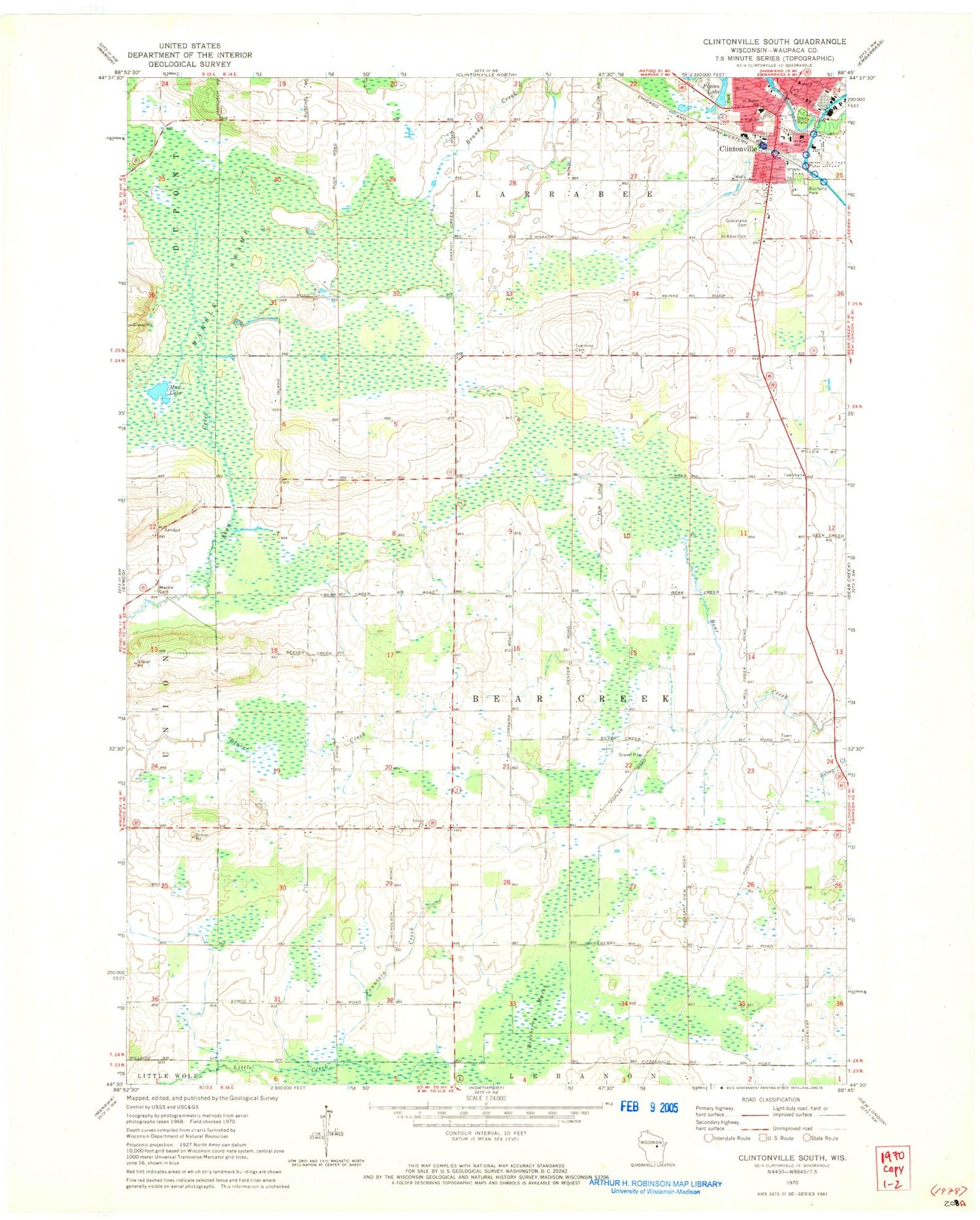 Classic USGS Clintonville South Wisconsin 7.5'x7.5' Topo Map Image