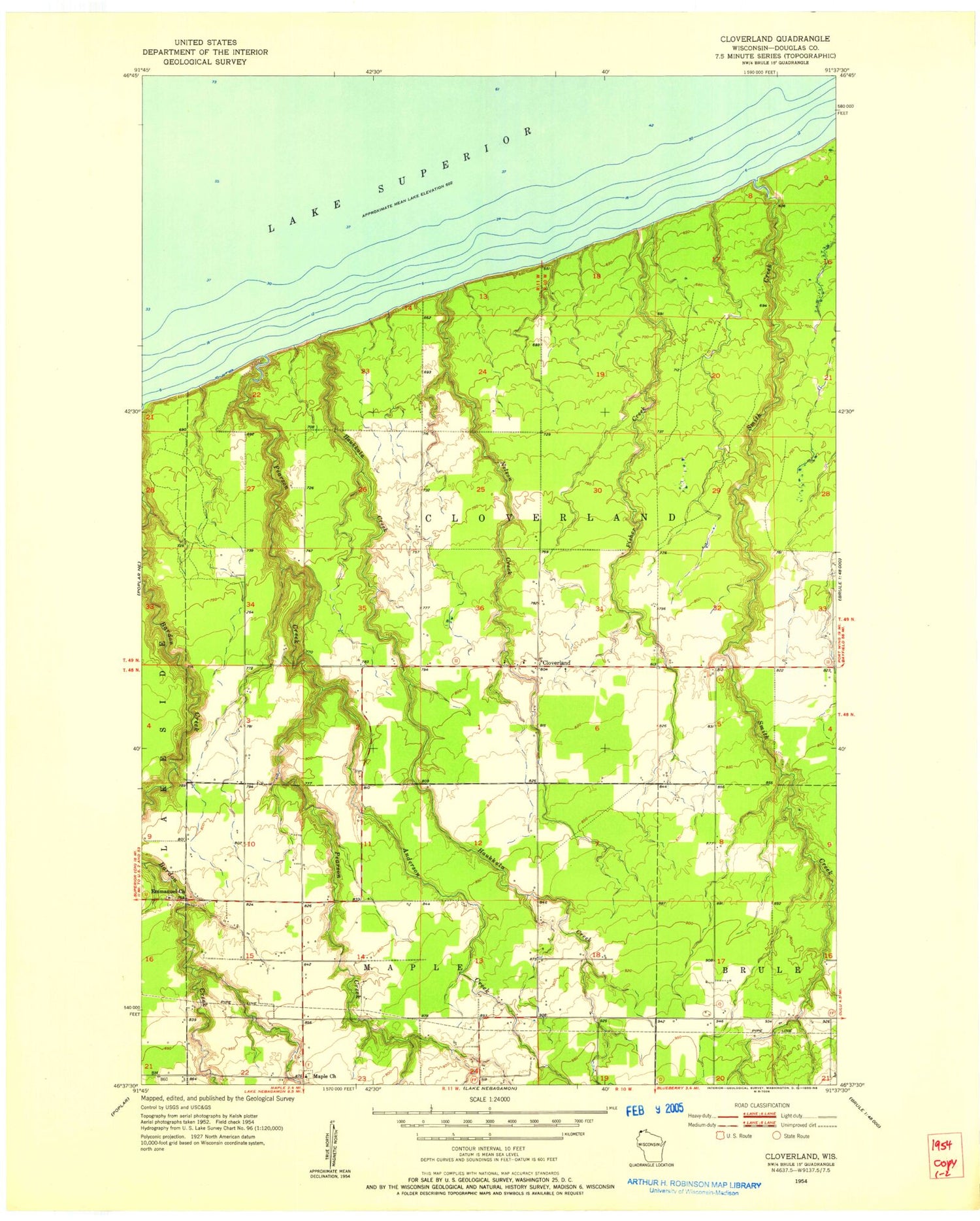 Classic USGS Cloverland Wisconsin 7.5'x7.5' Topo Map Image