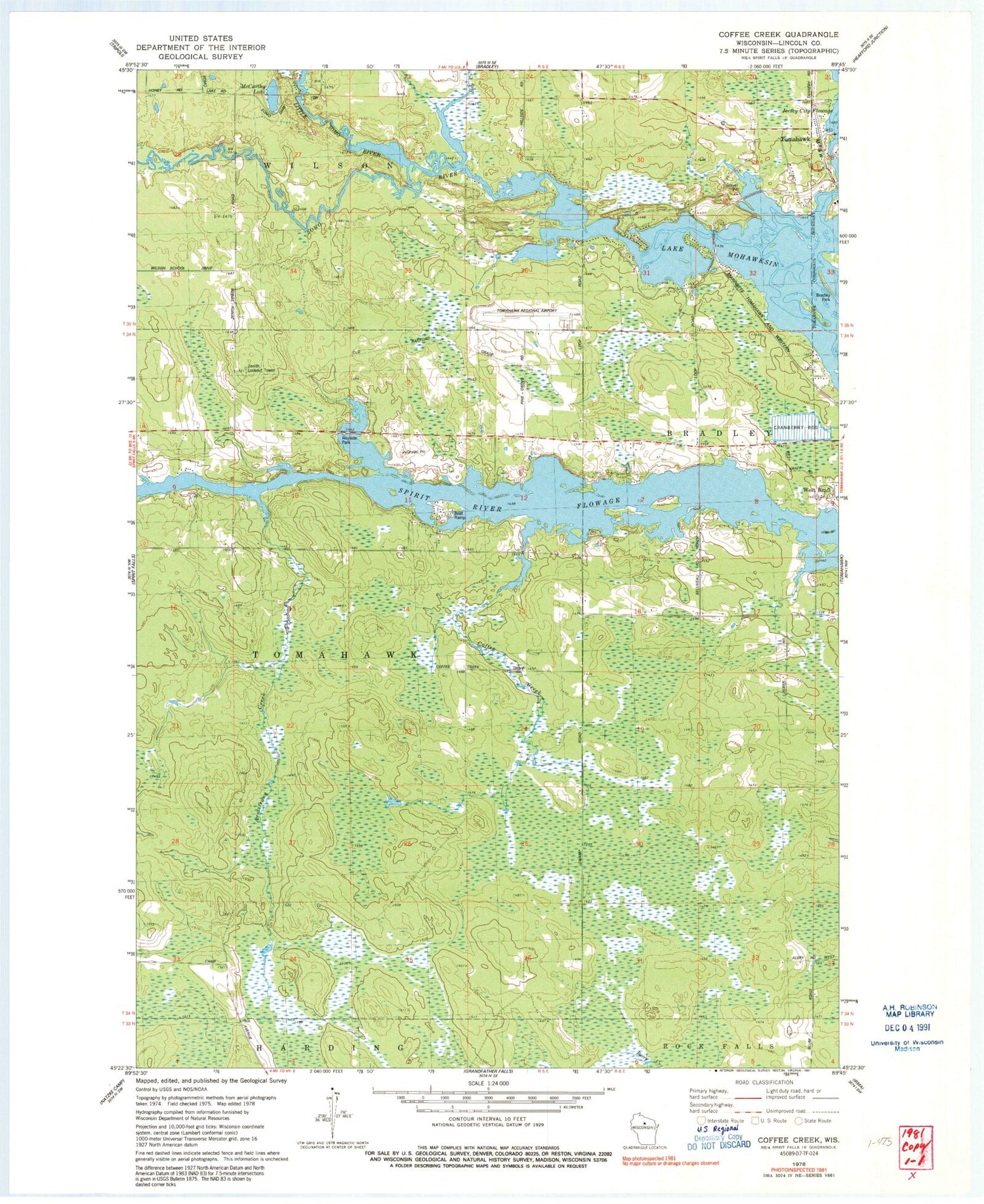 Classic USGS Coffee Creek Wisconsin 7.5'x7.5' Topo Map Image