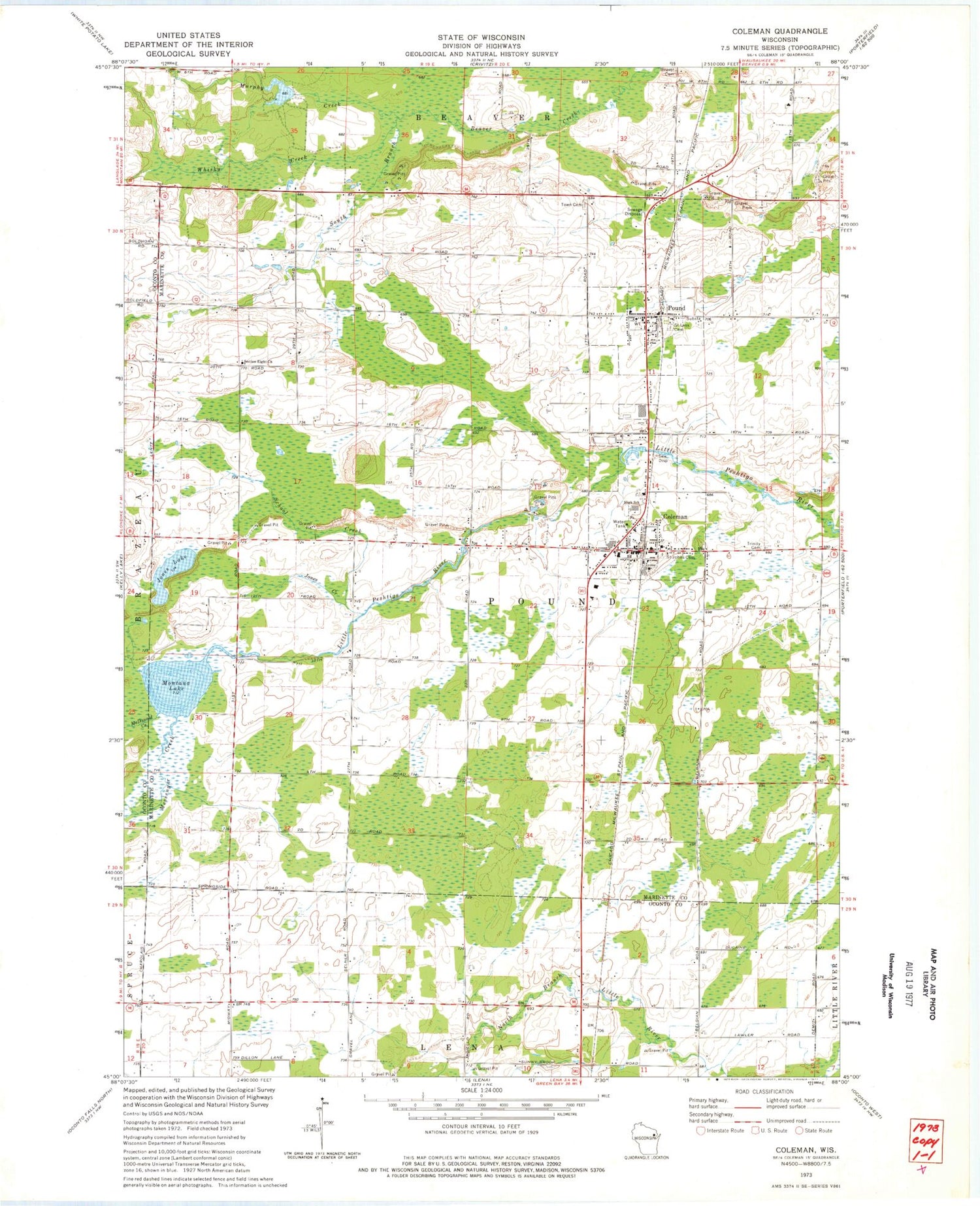 Classic USGS Coleman Wisconsin 7.5'x7.5' Topo Map Image