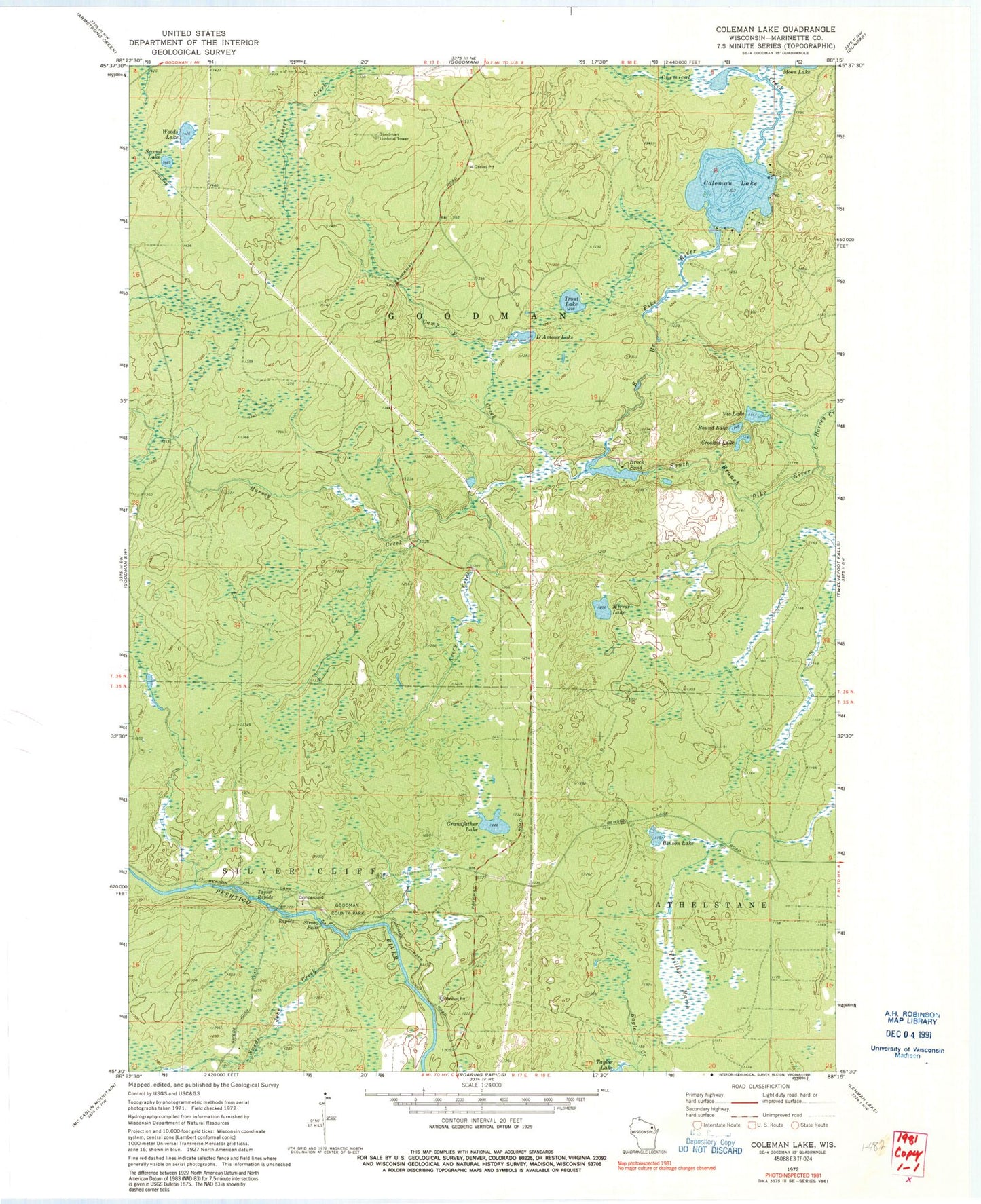 Classic USGS Coleman Lake Wisconsin 7.5'x7.5' Topo Map Image