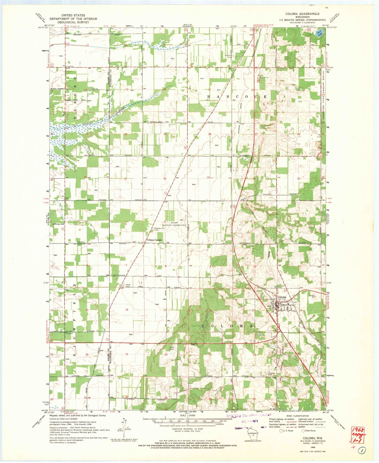 Classic USGS Coloma Wisconsin 7.5'x7.5' Topo Map Image