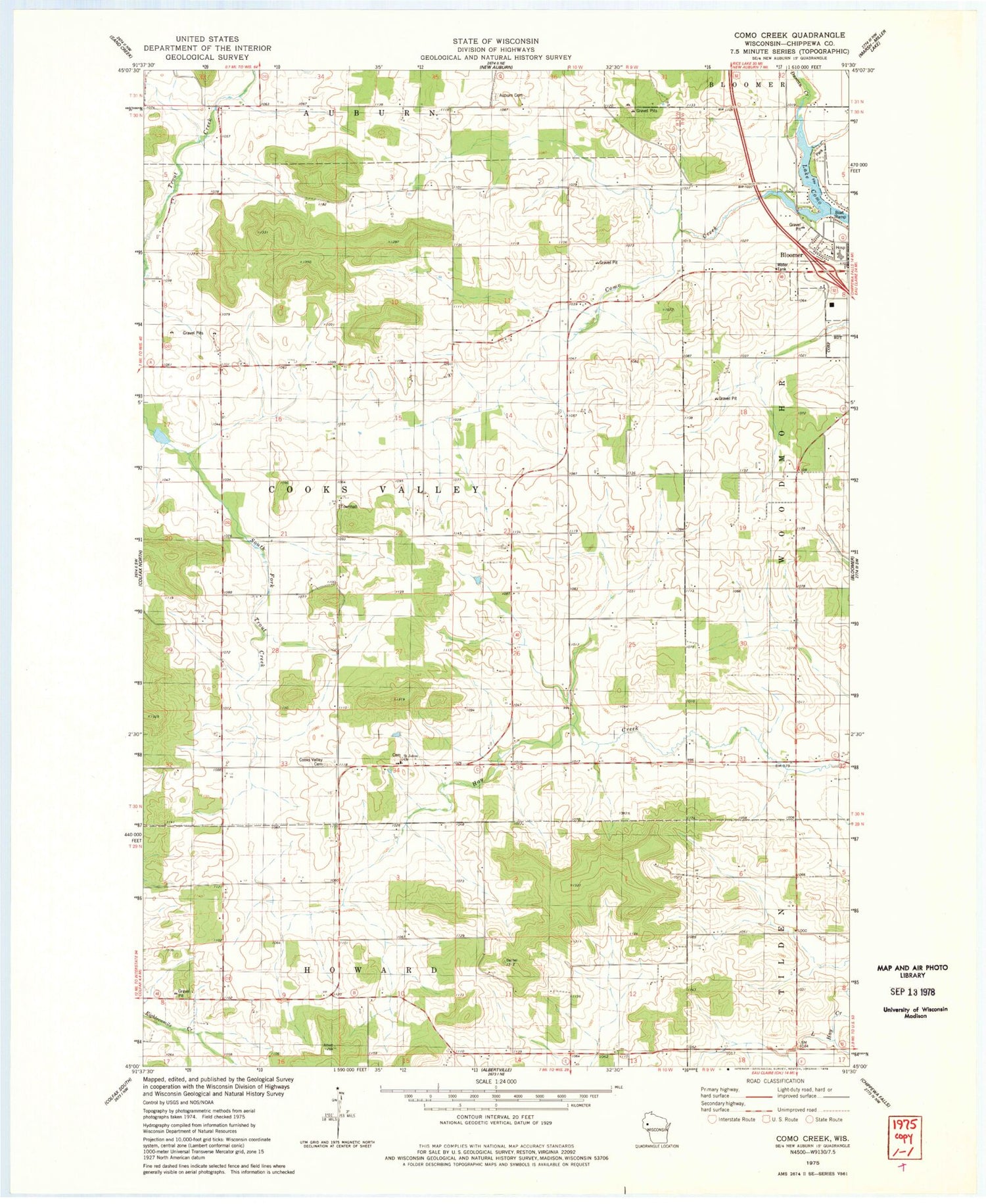 Classic USGS Como Creek Wisconsin 7.5'x7.5' Topo Map Image