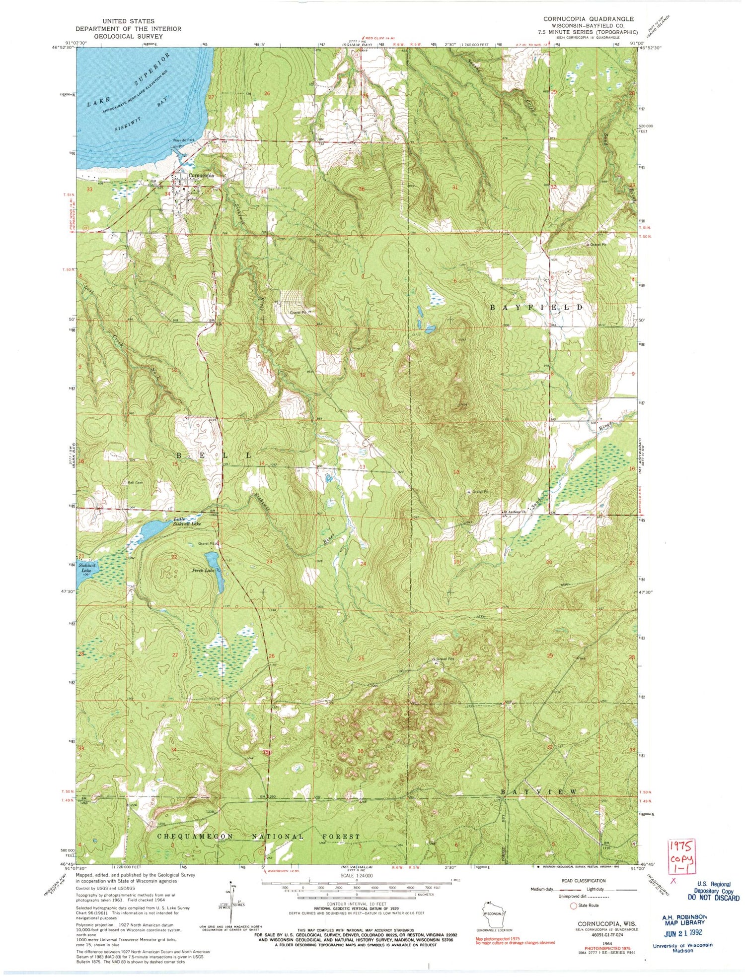 Classic USGS Cornucopia Wisconsin 7.5'x7.5' Topo Map Image