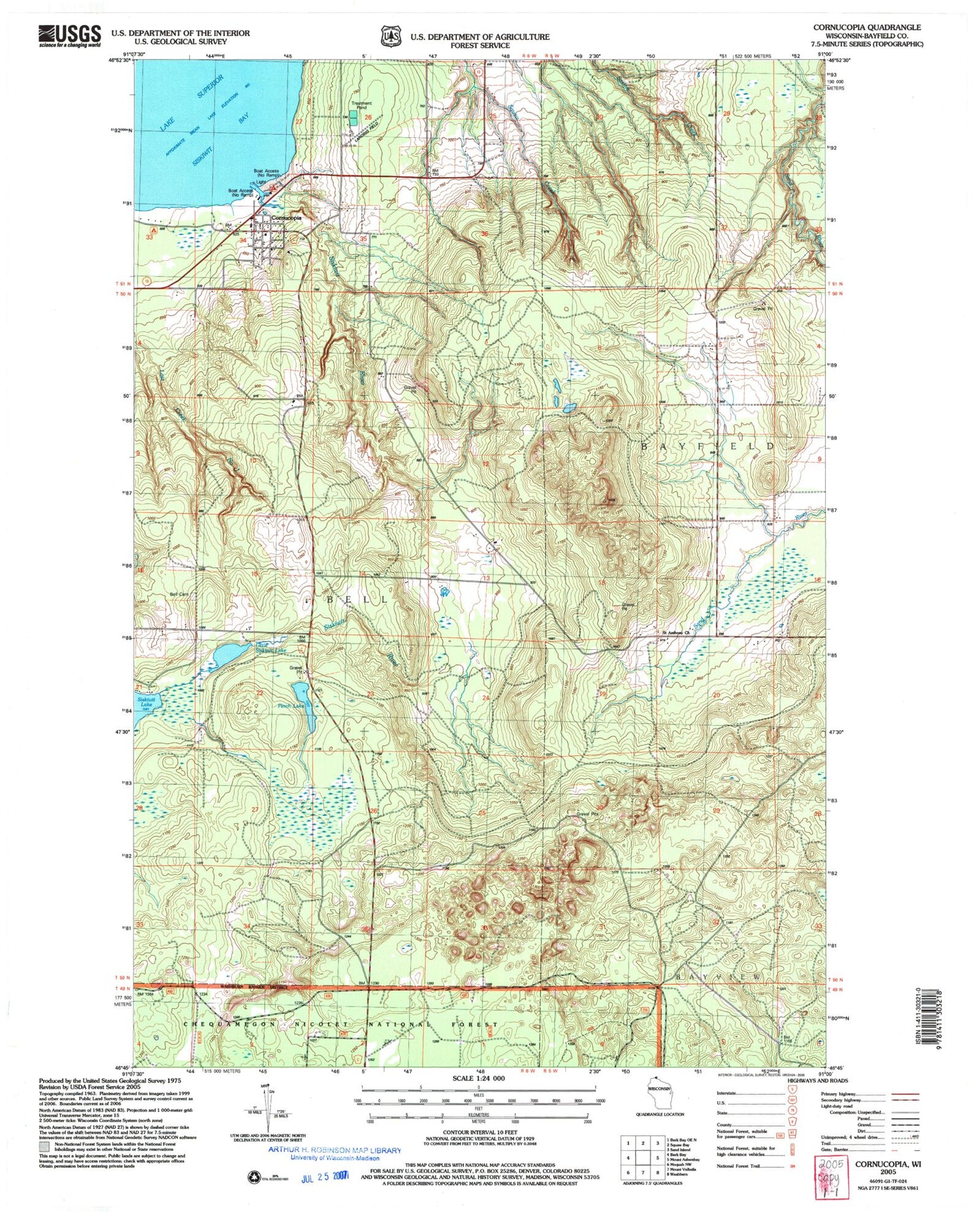 Classic USGS Cornucopia Wisconsin 7.5'x7.5' Topo Map Image