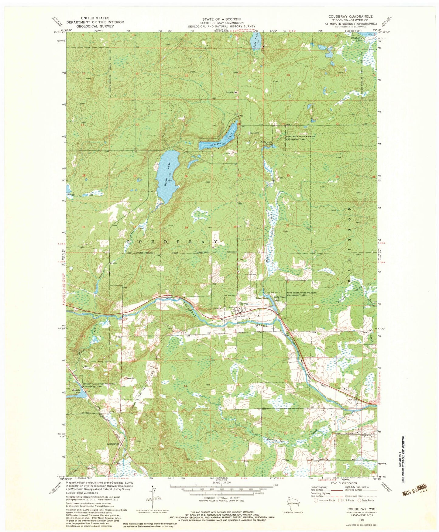 Classic USGS Couderay Wisconsin 7.5'x7.5' Topo Map Image
