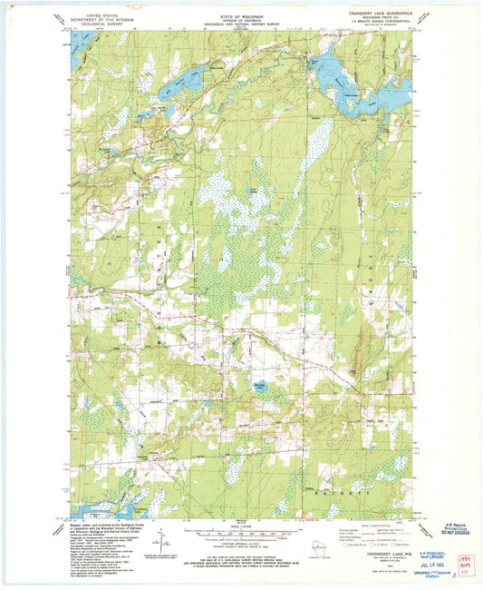 Classic USGS Cranberry Lake Wisconsin 7.5'x7.5' Topo Map Image