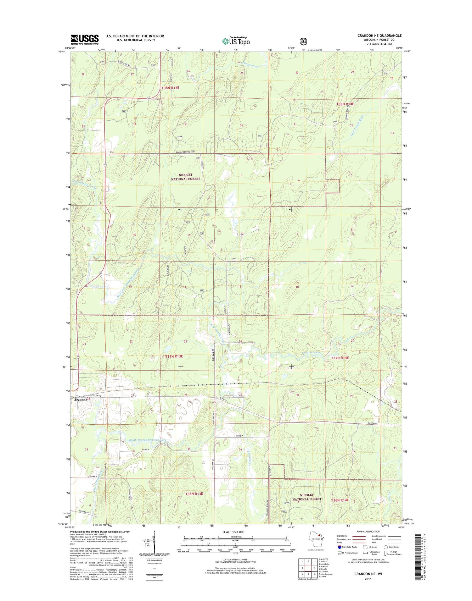 Crandon NE Wisconsin US Topo Map Image