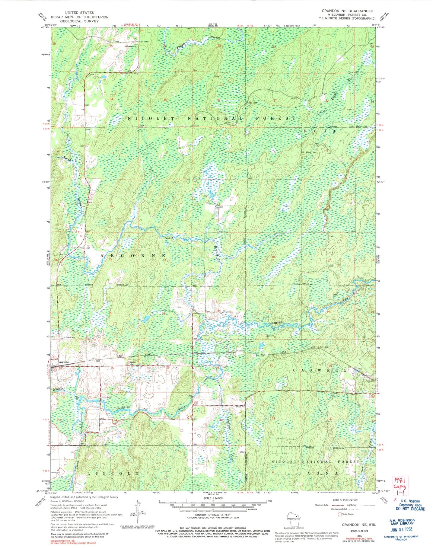 Classic USGS Crandon NE Wisconsin 7.5'x7.5' Topo Map Image