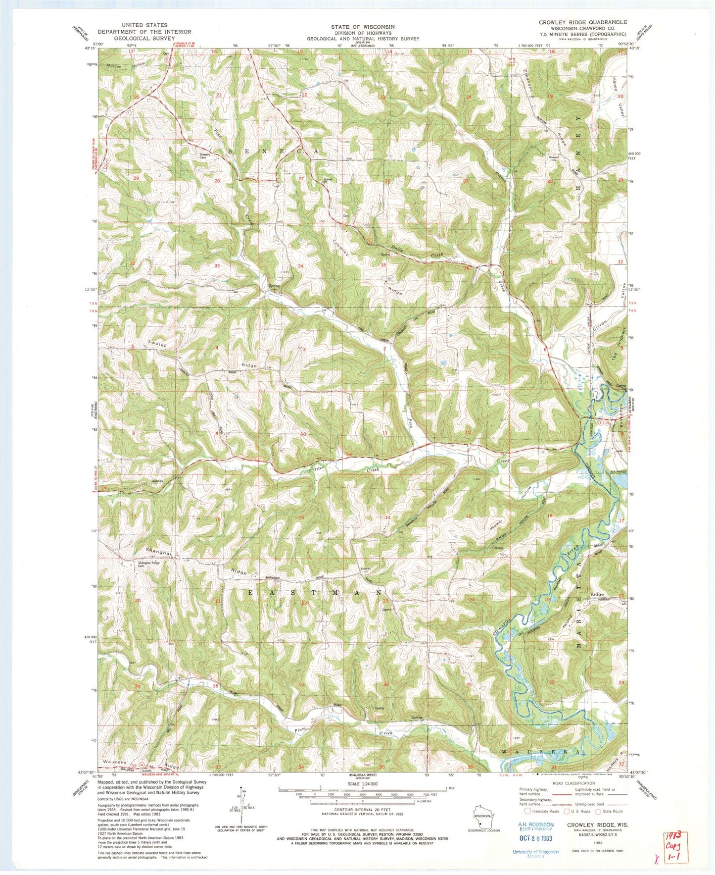 Classic USGS Crowley Ridge Wisconsin 7.5'x7.5' Topo Map Image