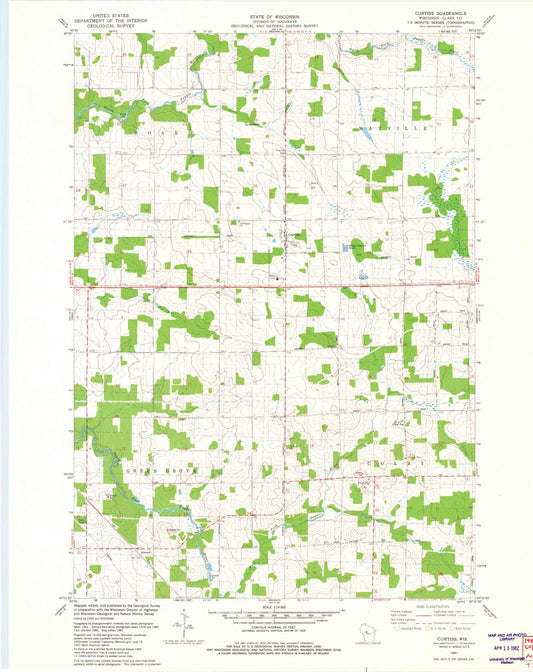 Classic USGS Curtiss Wisconsin 7.5'x7.5' Topo Map Image