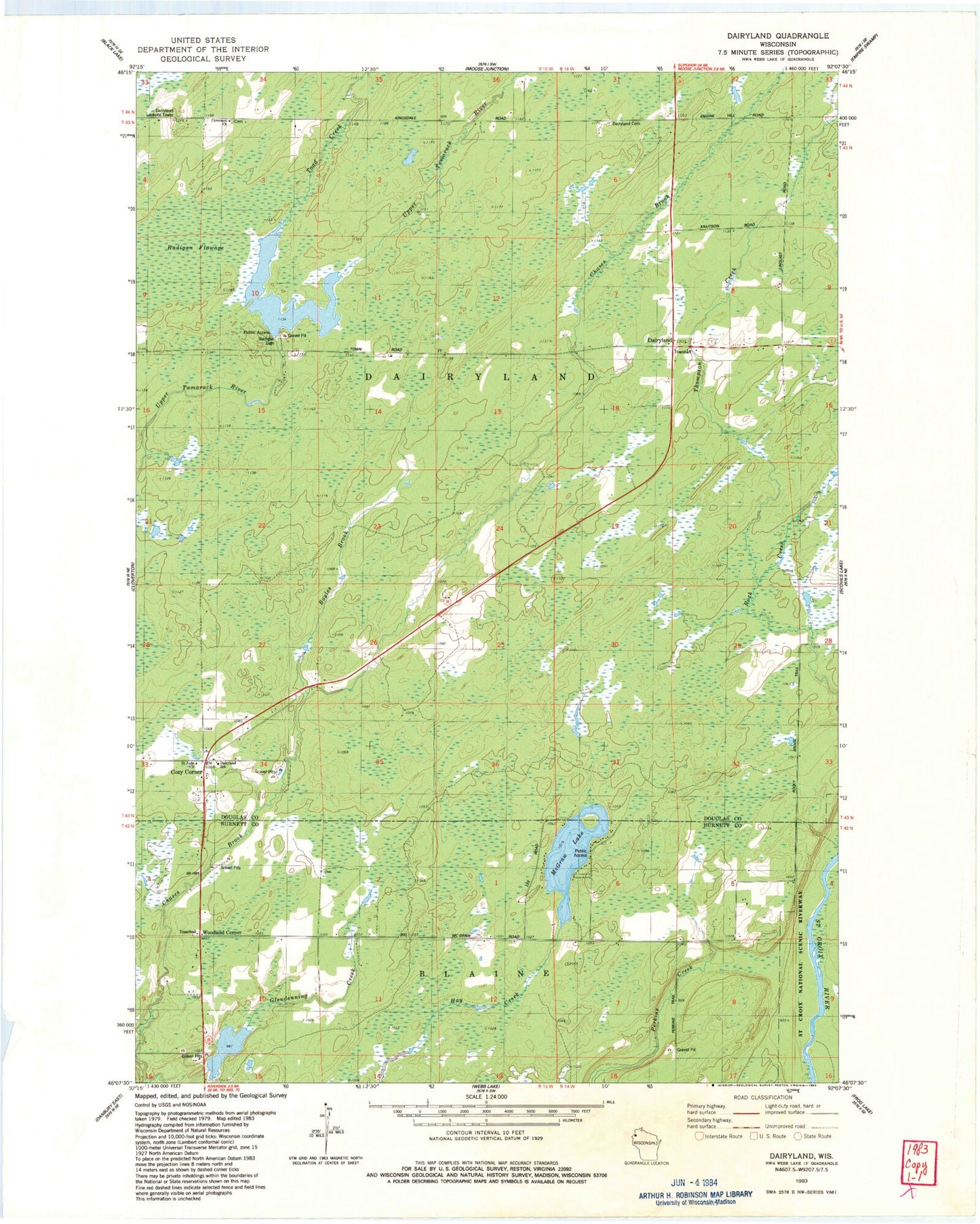 Classic USGS Dairyland Wisconsin 7.5'x7.5' Topo Map Image