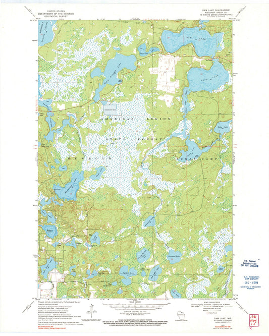 Classic USGS Dam Lake Wisconsin 7.5'x7.5' Topo Map Image