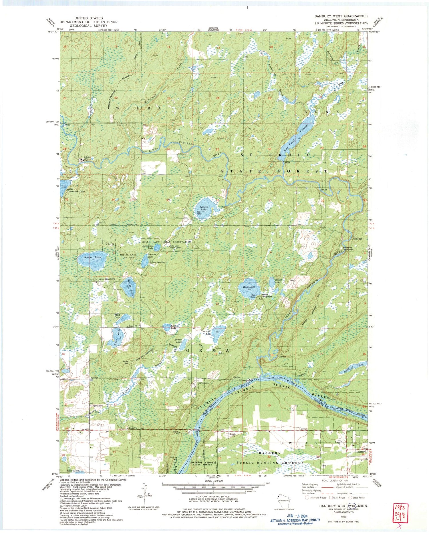 Classic USGS Danbury West Wisconsin 7.5'x7.5' Topo Map Image