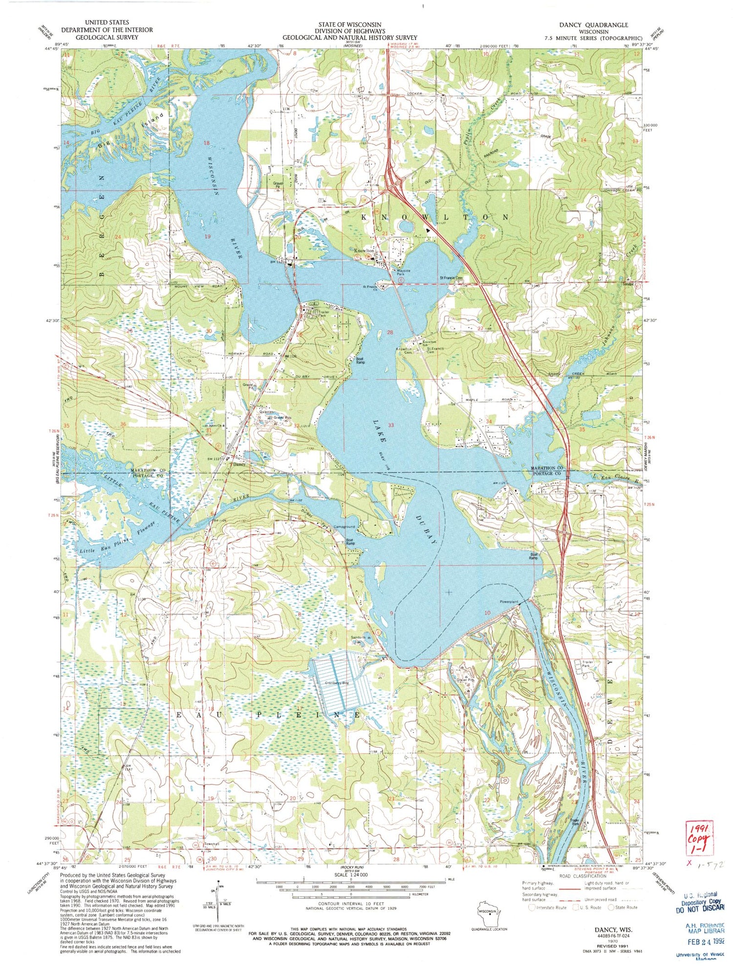 Classic USGS Dancy Wisconsin 7.5'x7.5' Topo Map Image