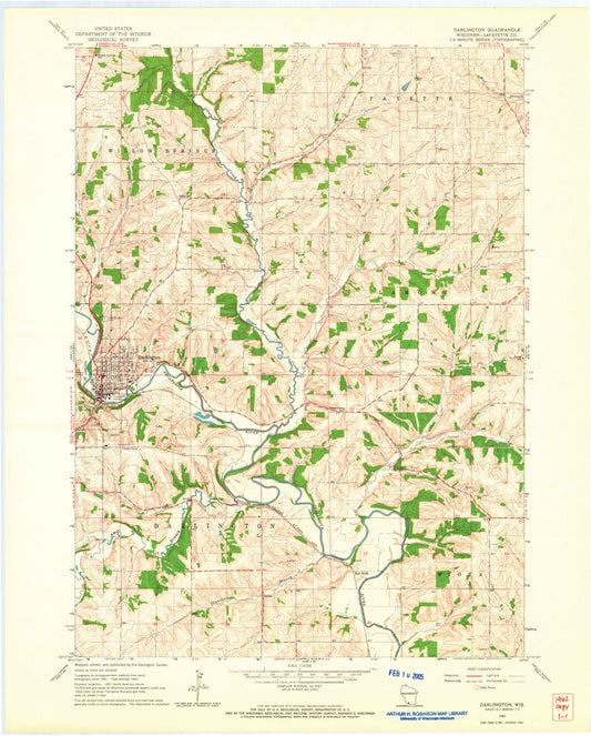 Classic USGS Darlington Wisconsin 7.5'x7.5' Topo Map Image