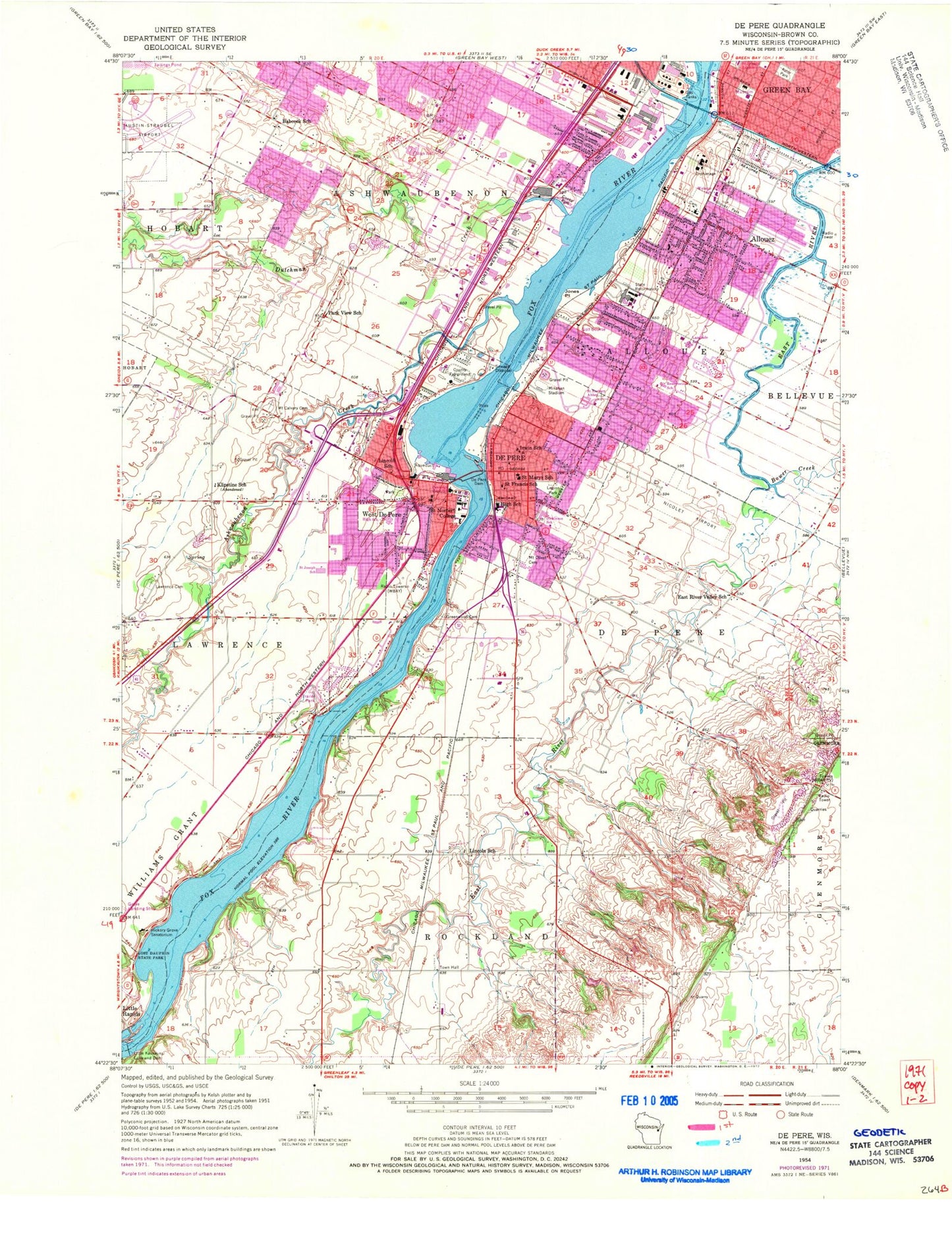 Classic USGS De Pere Wisconsin 7.5'x7.5' Topo Map Image