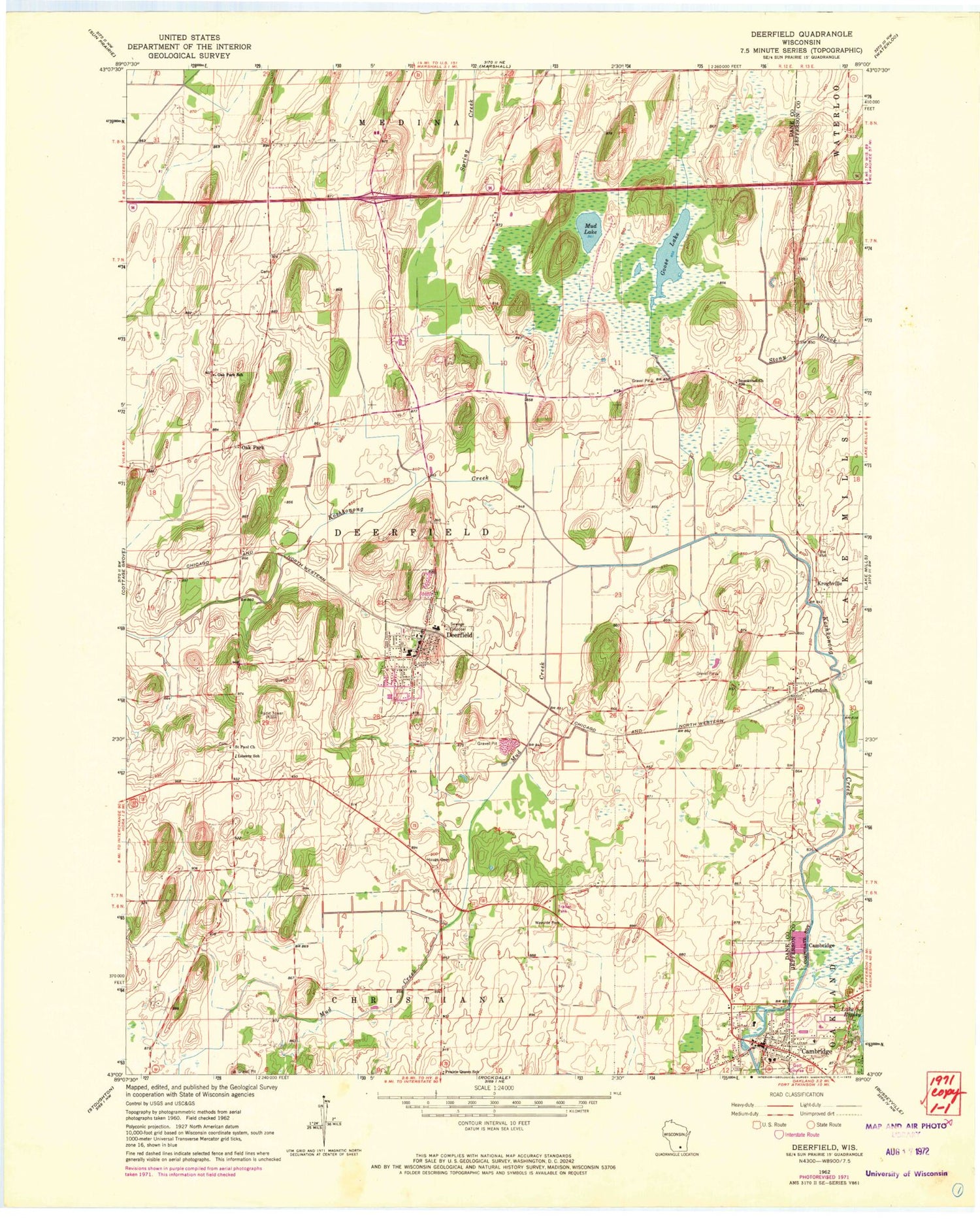 Classic USGS Deerfield Wisconsin 7.5'x7.5' Topo Map Image